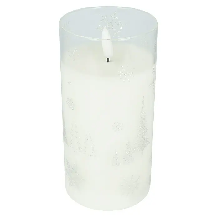 LED-Kerze 3D im Glas Nora - Weiß, Echtwachs, Höhe: 12 cm, Durchmesser: 7,5 cm - Dekoratives Windlicht mit LED-Kerze und winterlichen Motiven. Schafft eine stimmungsvolle Atmosphäre im Raum.
