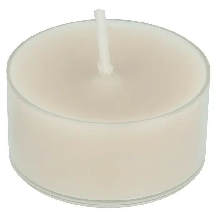 Teelichter Duft - 9 Stk., Mint und Cedarwood - Nahaufnahme einer Teelichtkerze mit weißem Wachs in einem durchsichtigen Kunststoffbehälter und einem weißen Docht.