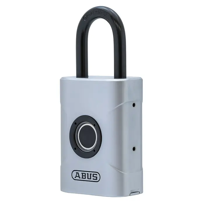 Abus Candado 57/45 - Sensor de dedo, Zinc fundido, L x An x Al: 23 x 45 x 95 mm - Un candado ABUS plateado con asa negra y sensor de huellas dactilares para mayor seguridad.
