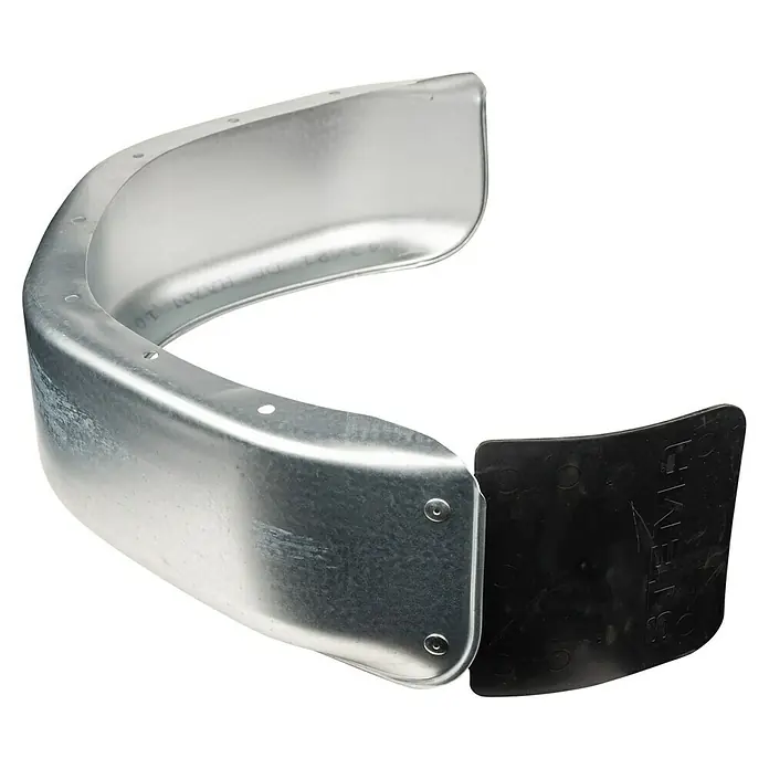 Stema Anhänger-Kotflügel - Links, Material: Stahlblech - Nahaufnahme einer Halterung für den Mastfuß mit galvanisierter Oberfläche und Gummiunterlage zur Stabilisierung und Befestigung.