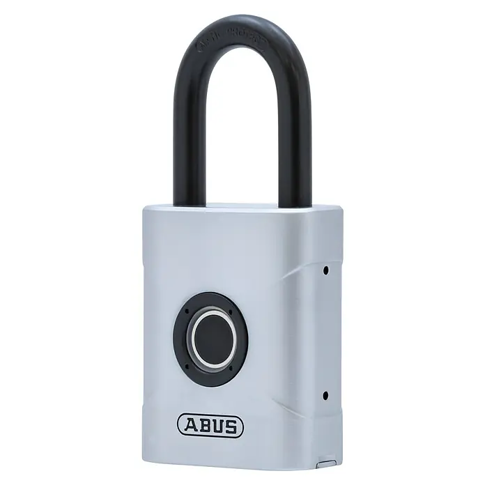Abus Candado 57/50 - Sensor de dedo, Zinc fundido, L x An x Al: 23 x 50 x 103 mm - Un candado ABUS plateado con un grillete negro y un sensor de huellas dactilares.