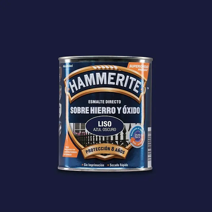 Hammerite Esmalte para metal Hierro y Óxido - Azul oscuro, 750 ml, Efecto liso - Bote de pintura para metal Hammerite Directo al óxido, color Azul Oscuro, para Hierro y Óxido, 8 años de protección.