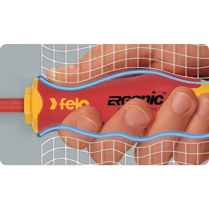 Felo Schraubendreher-Set ergonic® VDE - 6 -tlg. - Nahaufnahme eines Felo Ergonic Schraubendrehers, der von einer Hand gehalten wird, mit einem roten Schaft und gelbem Griff.