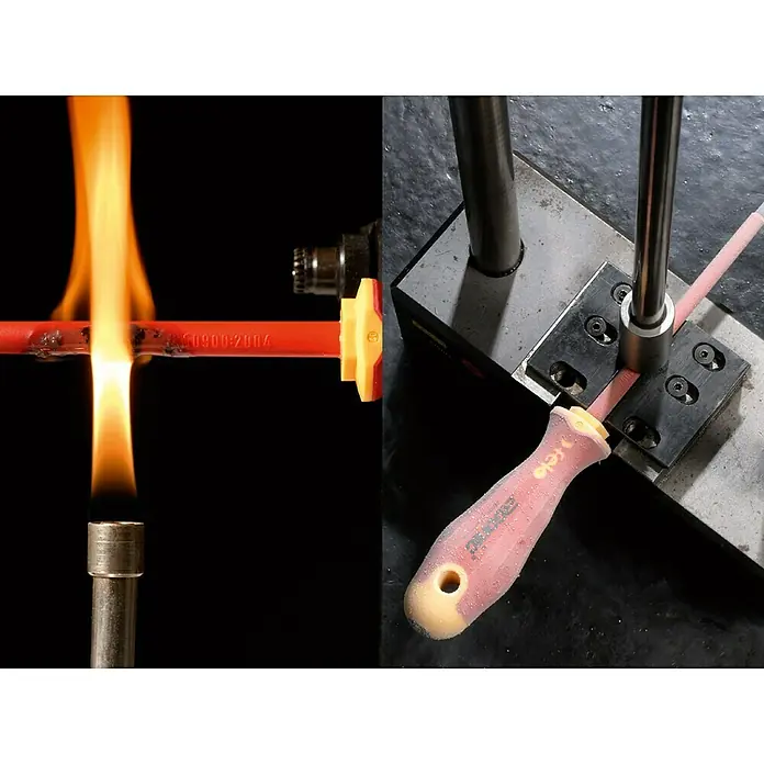 Felo Schraubendreher-Set ergonic® VDE - 6 -tlg. - Ein Vergleich: Ein Schraubenzieher wird Flammen ausgesetzt, der andere wird einer mechanischen Belastung unterzogen.