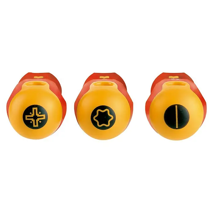 Felo Schraubendreher-Set ergonic® VDE - 6 -tlg. - Drei gelbe Handschraubendreher mit verschiedenen Schraubentypen auf der Vorderseite: Kreuzschlitz, Torx und Schlitz.