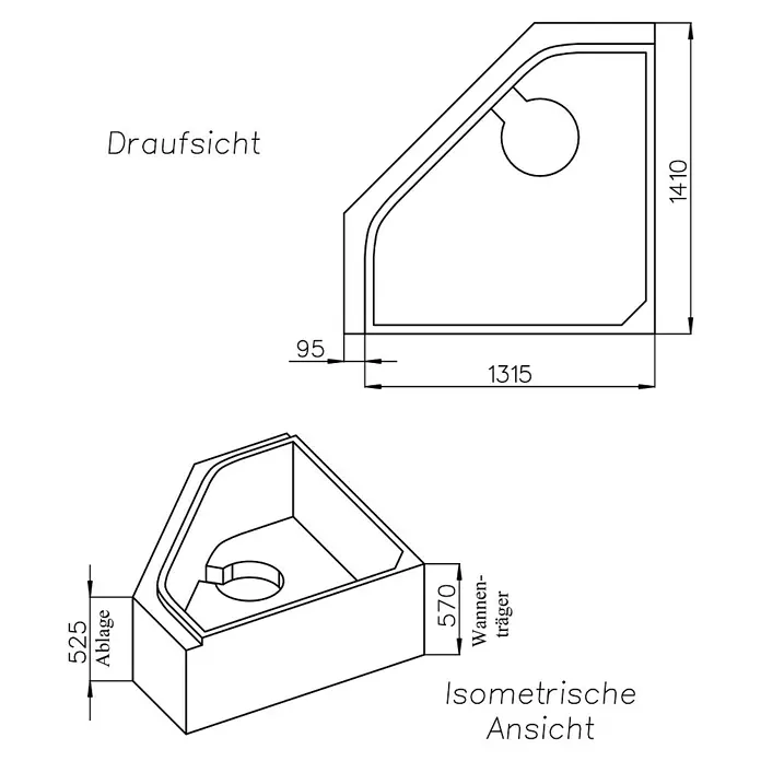 Ottofond Badewannenträger Tampa - Passend für: Ottofond Eckbadewanne Tampa 135 x 135 cm - Bild einer technischen Zeichnung einer Badewanne mit Maßen und Ansichten, die ihre Dimensionen und ihr Design detailliert darstellen.
