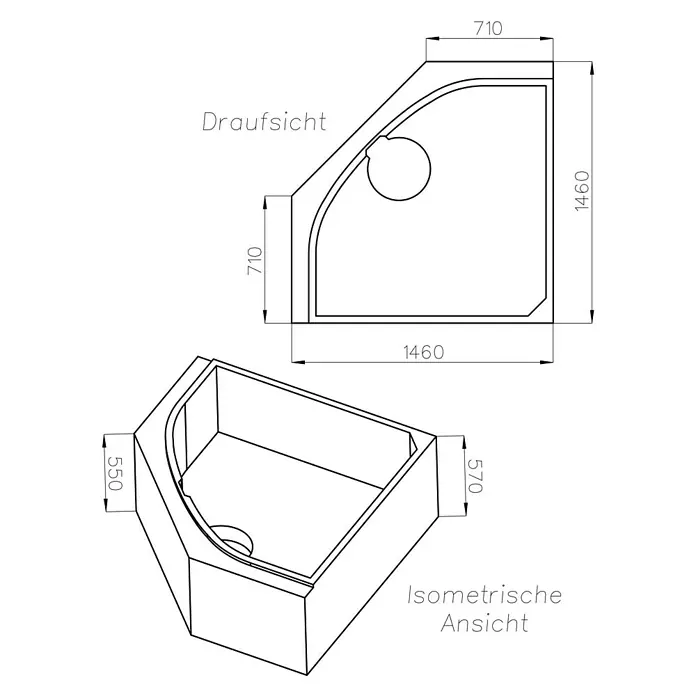 Ottofond Badewannenträger Sydney - Passend für: Ottofond Eckbadewanne Sydney 140 x 140 cm - Abbildung einer Eckbadewanne mit Maßen in Draufsicht und isometrischer Ansicht.