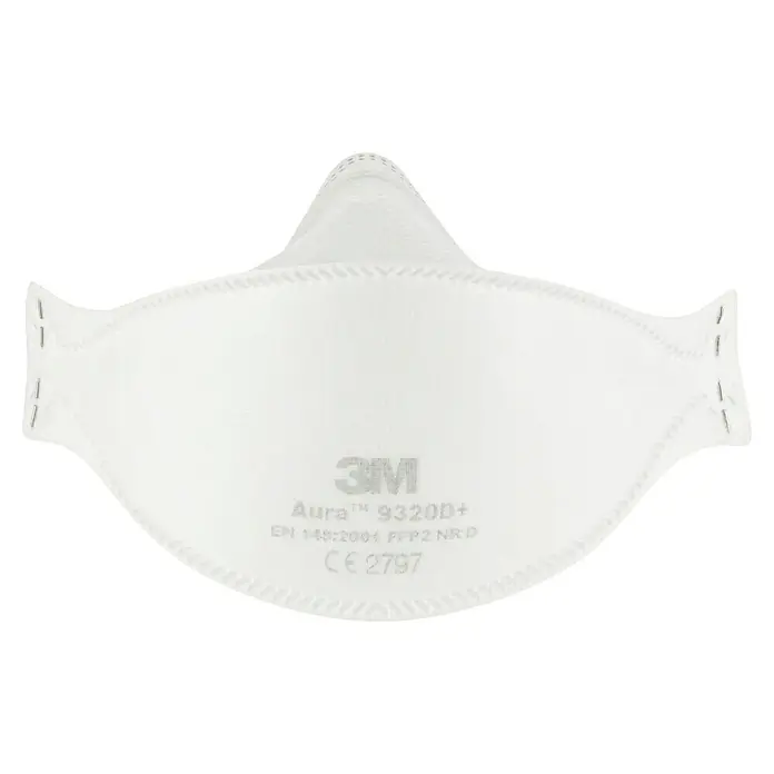 3M Mascarilla de protección respiratoria 9320D+ - FFP2 NR D, 3 ud. - Primer plano de una mascarilla respiratoria blanca 3M Aura 9320D+ FFP2, diseñada para proteger contra el polvo y las partículas. Apta para entornos laborales.