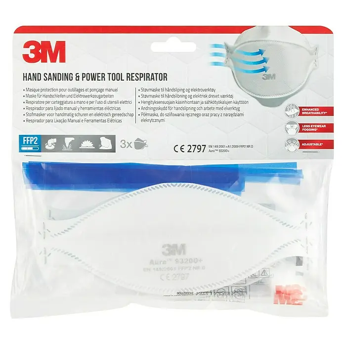 3M Mascarilla de protección respiratoria 9320D+ - FFP2 NR D, 3 ud. - Mascarilla respiratoria 3M Aura 9320+ FFP2 NR D para lijado manual y herramientas eléctricas, ofrece protección y comodidad.