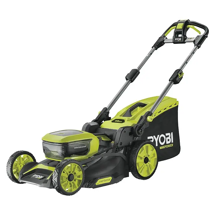 Ryobi Max Power Akku-Rasenmäher RY36LMXSP46A-150 - 36 V, 1 Akku, 5 Ah, Schnittbreite: 46 cm - Der Ryobi Akku-Rasenmäher ist mit einem bürstenlosen Motor ausgestattet und bietet eine Schnittbreite von 46 cm für effizientes Rasenmähen.