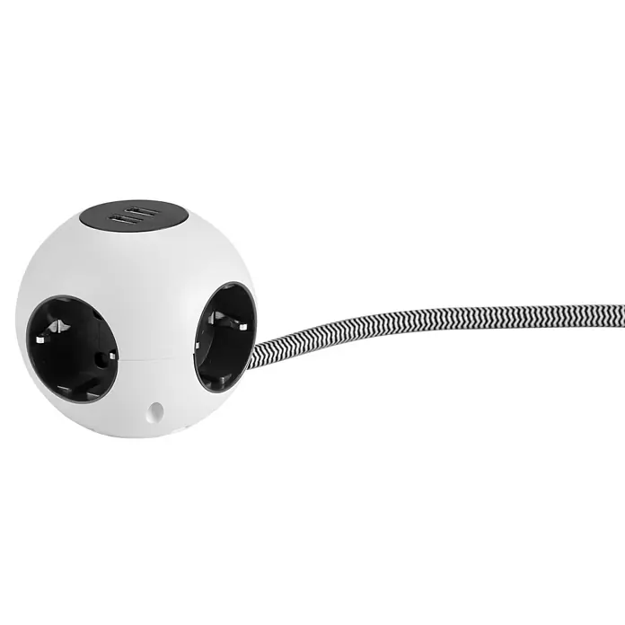 Voltomat Steckdosenwürfel - 4-fach, Weiß/Schwarz, 1,4 m - Weiße Steckdosenleiste in Kugelform mit USB-Anschlüssen und einem schwarz-weiß gestreiften Kabel. Praktisch und stilvoll für den modernen Haushalt.
