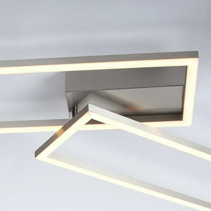 Just Light Plafón LED Iven - 35 W, L x An x Al: 22 x 92,4 x 7 cm, Níquel, Blanco, Blanco frío - Primer plano de una lámpara de techo moderna con marcos LED rectangulares y base de metal cepillado. Ideal para iluminación elegante.