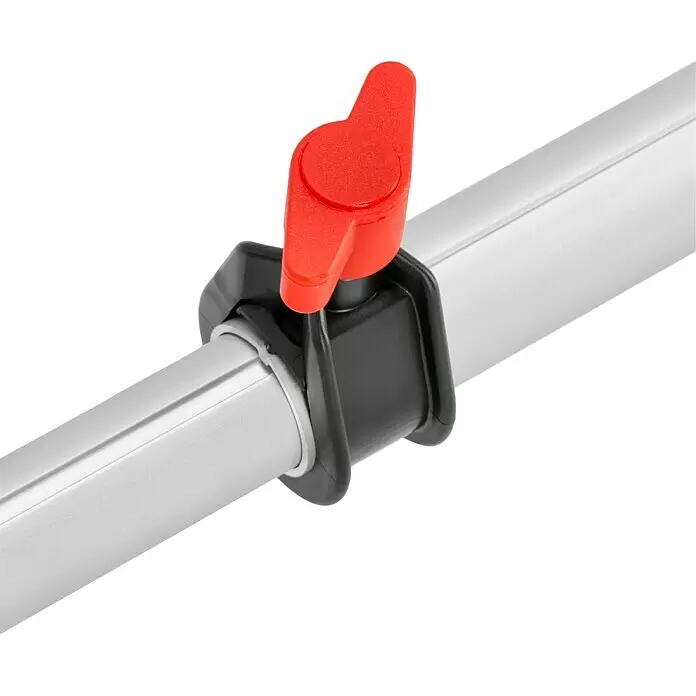 Bessey Türfuttermontagestrebe TMS - Spannweite: 560 mm - 1.010 mm - Rote Hebelklemme mit schwarzer Halterung an einer silbernen Stange befestigt.