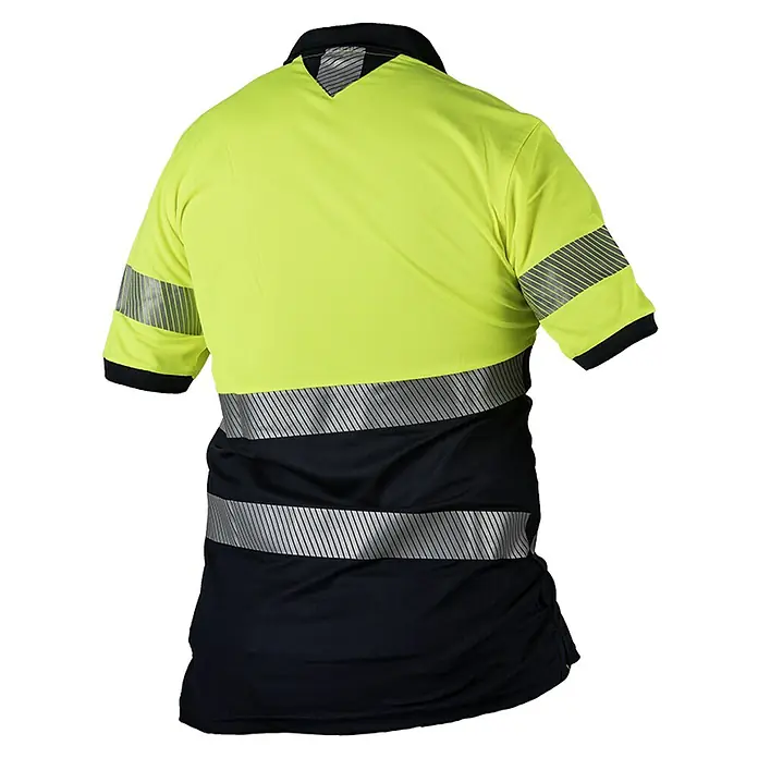 Polo Kingsman Starlight - XS, Amarillo Flúor/Azul Navy - Polo amarillo y negro de alta visibilidad con rayas reflectantes, perfecto para mayor visibilidad durante el trabajo o actividades al aire libre. Seguro.