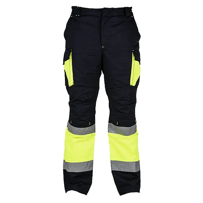 Pantalones de trabajo Kingsman Starlight - 42, Navy/Amarillo flúor - Imagen de pantalones de trabajo negros con detalles amarillos y bandas reflectantes para alta visibilidad.