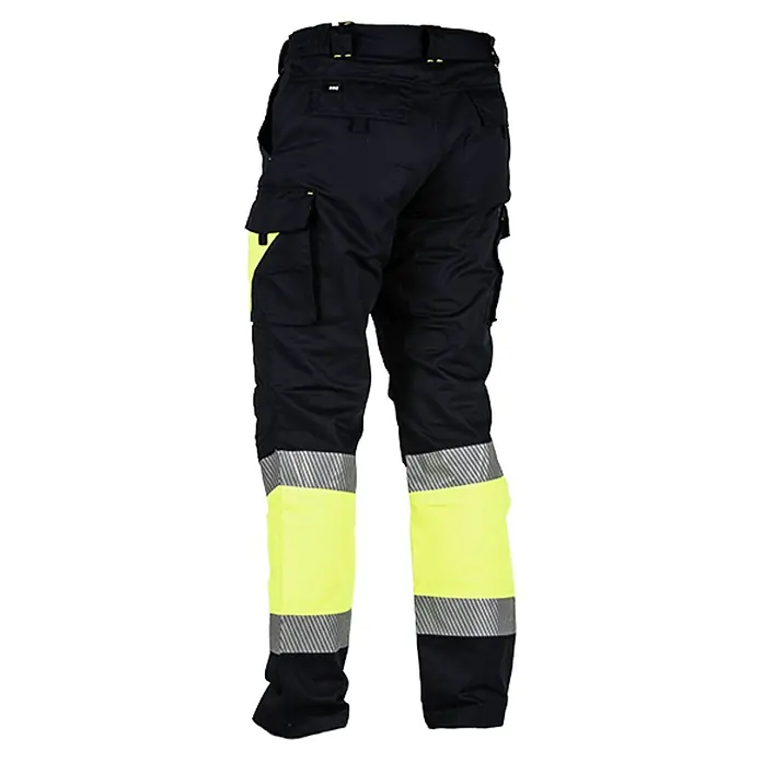 Pantalones de trabajo Kingsman Starlight - 42, Navy/Amarillo flúor - Pantalones de trabajo negros con bandas amarillas reflectantes para alta visibilidad, bolsillos prácticos y gran durabilidad.