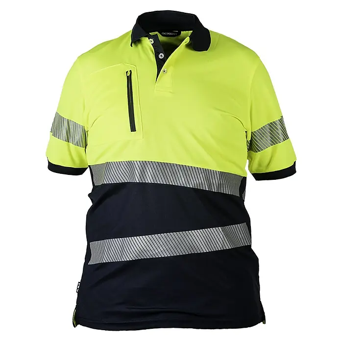 Polo Kingsman Starlight - XS, Amarillo Flúor/Azul Navy - Polo de manga corta de color neón con bandas reflectantes, bolsillo en el pecho y tapeta de botones para alta visibilidad.