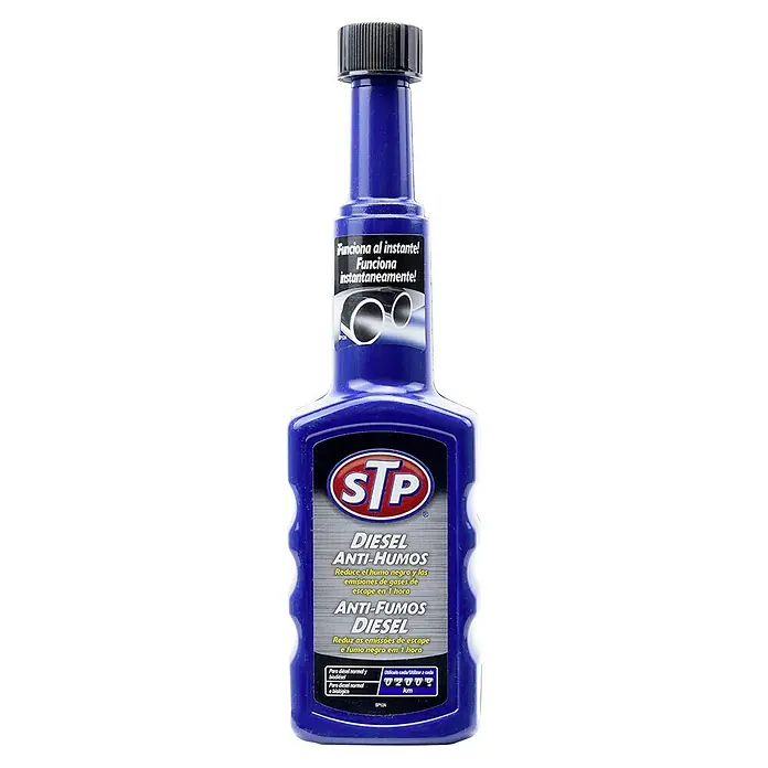 STP Limpiador de inyectores diésel antihumos Depósito - 200 ml - Foto del producto de una botella azul de STP Diesel Anti-Humo, un aditivo para reducir el humo negro y las emisiones de escape en motores diésel.