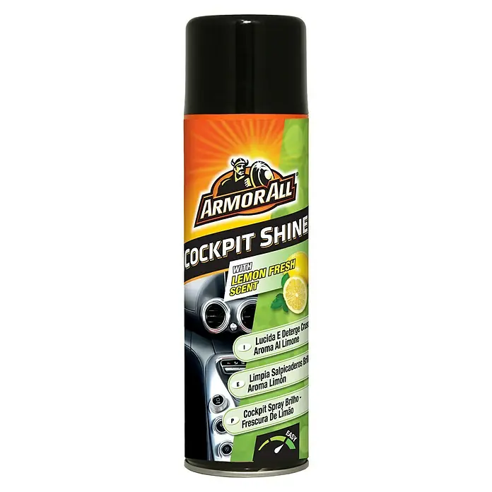 ArmorAll Spray para salpicadero - Limón, 500 ml - Imagen de un spray Armor All Cockpit Shine con aroma de limón, ideal para el cuidado del interior del coche y un salpicadero brillante.