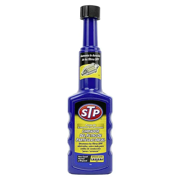STP Limpiador de inyectores diésel - 200 ml, Específico para: Desatascar filtros DPF - La imagen muestra una botella azul de limpiador de filtro de partículas diésel STP, un producto para la limpieza y el mantenimiento de los filtros.