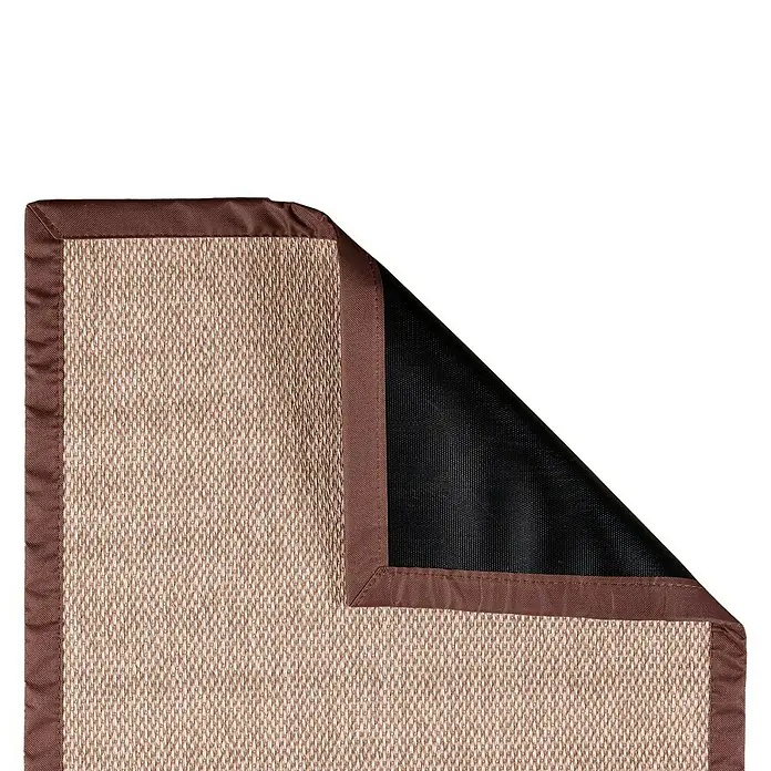 Alfombra de vinilo Living Sisal - Marrón, 90 x 60 cm - Vista detallada de una alfombra de sisal con un borde marrón, que muestra la textura y la artesanía de la alfombra.