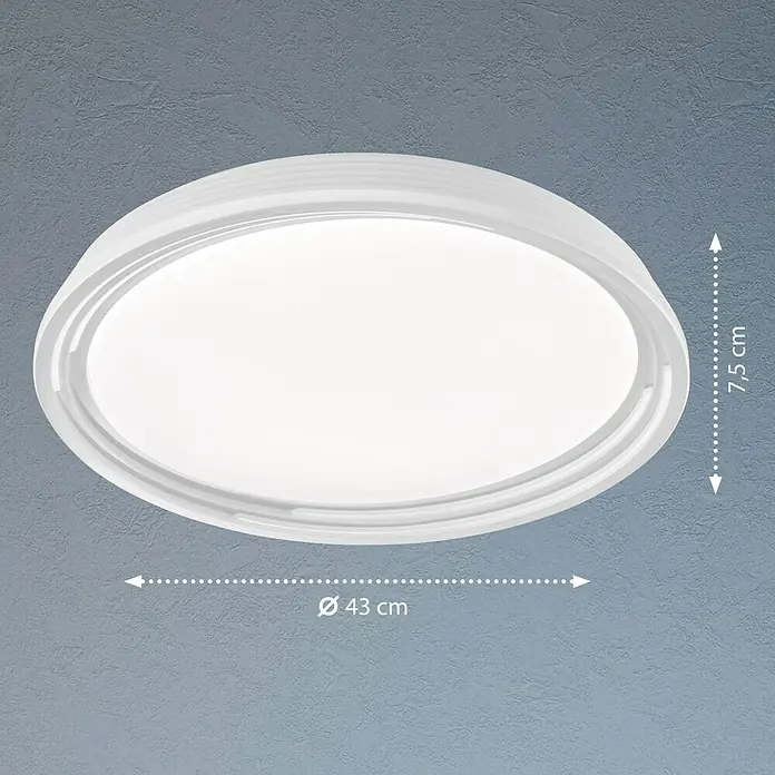 Fischer & Honsel Deckenleuchte rund Dua - 22 W, Ø x H: 430 mm x 7,5 cm, Weiß - Nahaufnahme einer runden, weißen Deckenleuchte mit den Maßen 43 cm Durchmesser und 7,5 cm Höhe, montiert an einer Wand.