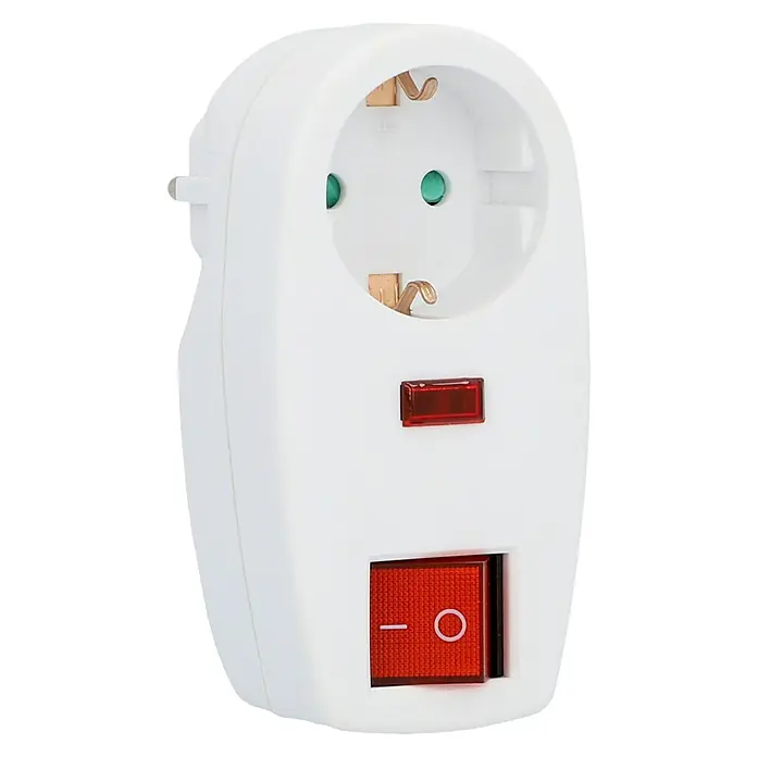 Überspannungsadapter - Weiß, Mit Schalter - Weißer Stromstecker-Adapter mit Schalter und roter Anzeige für bequeme und sichere Stromversorgung.
