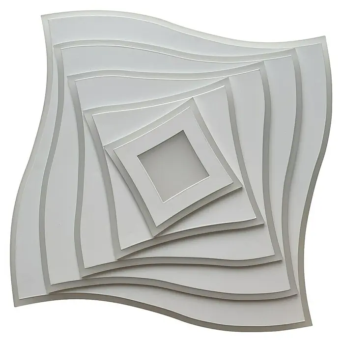 Fischer & Honsel LED-Deckenleuchte Hero - 50 W, L x B x H: 50 x 50 x 7,6 cm, Weiß, Mehrfarbig - Ein weißes, abstraktes Wandkunstwerk mit wellenförmigen Schichten und quadratischen Rahmen, das ein modernes und minimalistisches Design zeigt.