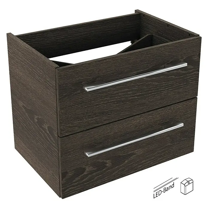 Camargue Stella Waschtischunterschrank - 59,2 x 40,8 x 49 cm, Mit Beleuchtung, Eiche Maron - Dunkler Holzunterschrank mit zwei Schubladen und silbernen Griffen für Badezimmer.