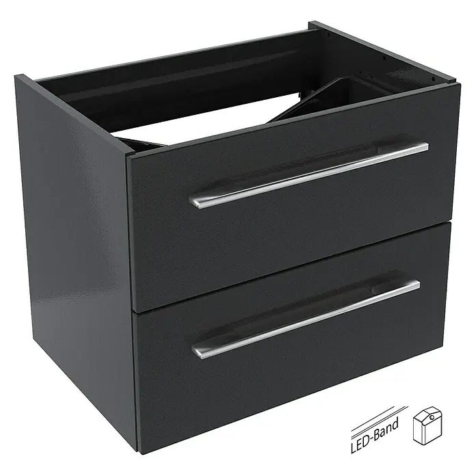 Camargue Stella Waschtischunterschrank - 59,2 x 40,8 x 49 cm, Mit Beleuchtung, Grafit - Schwarzer Waschtischunterschrank mit zwei Schubladen und silberfarbenen Griffen für ein modernes Badezimmerdesign.