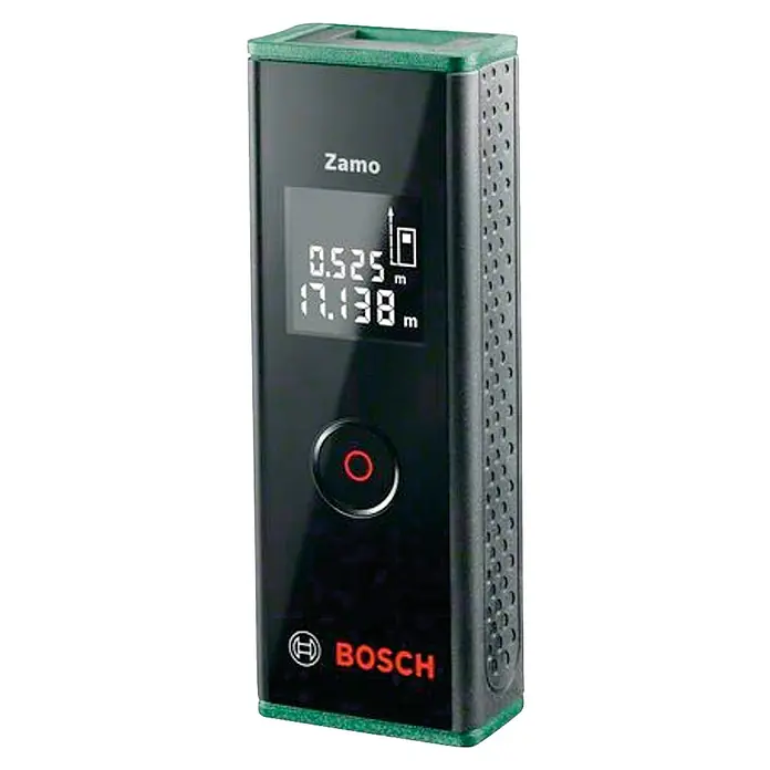 Bosch Medidor de distancia láser de bolsillo Zamo III - Gama de medición: 0,15 m - 20 m - La imagen muestra un medidor láser de distancia Bosch Zamo con detalles en verde y una pantalla que muestra valores de medición.