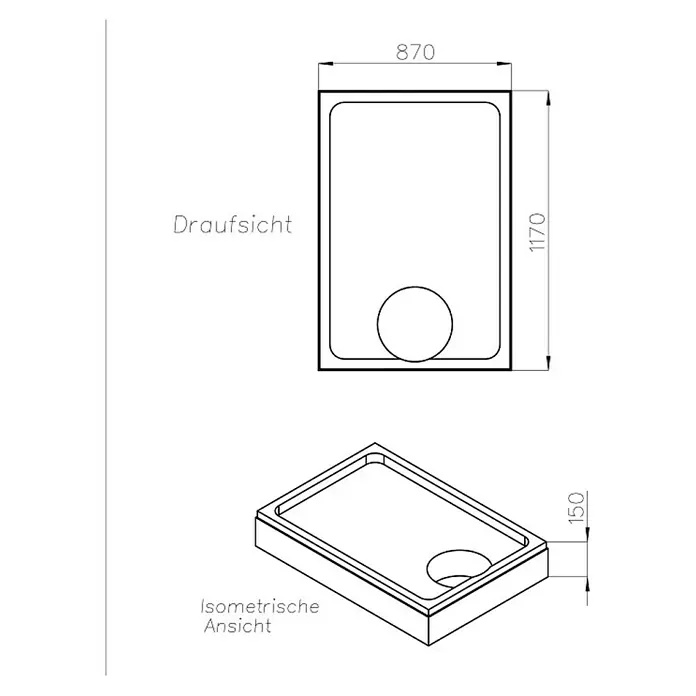 Ottofond Duschwannenträger Liberia - L x B: 117 x 87 cm, Expandiertes Polystyrol, Weiß - Schema der Duschwanne mit Abmessungen 870x1170x150 mm.