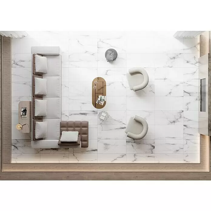 Feinsteinzeugfliese Torino Bianco - 60 x 120 cm, Weiß/Grau, Glänzend - Stimmungsaufnahme