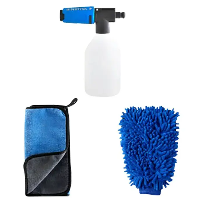 Nilfisk Kit de limpieza de automóviles - 3 pzs. - La imagen muestra un juego de lavado de autos con cañón de espuma, toalla de microfibra y guante de lavado. ¡Perfecto para el cuidado del coche!