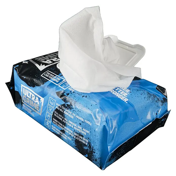 Feuchte Reinigungstücher Ultra Grime - 100 Stk. - Eine Packung Ultra Grime Reinigungstücher, die zum Entfernen von Schmutz von Händen, Werkzeugen und Oberflächen entwickelt wurden.
