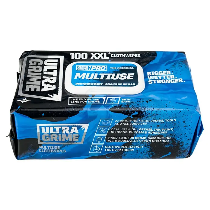 Feuchte Reinigungstücher Ultra Grime - 100 Stk. - Eine Packung Ultra Grime Multiuse Reinigungstücher XXL mit 100 Stück, ideal zum Entfernen von Schmutz und Flecken auf verschiedenen Oberflächen.