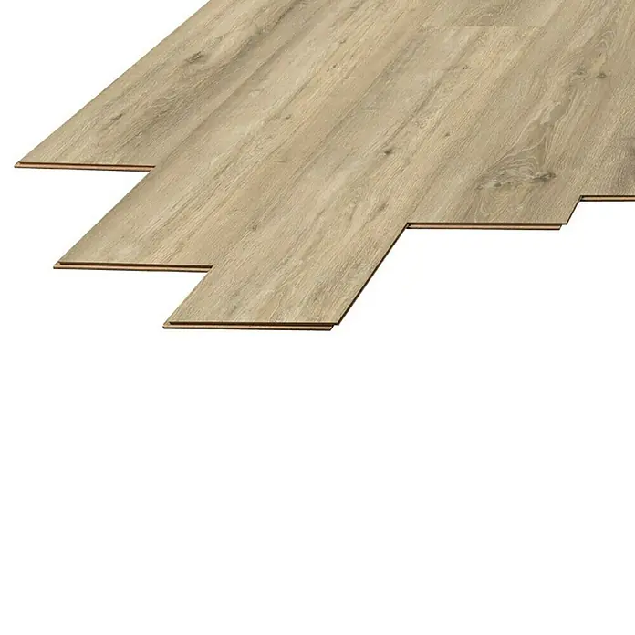 LOGOCLIC Laminado Roble Tempo - 1.380 x 193 x 10 mm, Roble, AC5 - Suelo laminado claro con textura de madera, dispuesto en un patrón de clic para una fácil instalación.