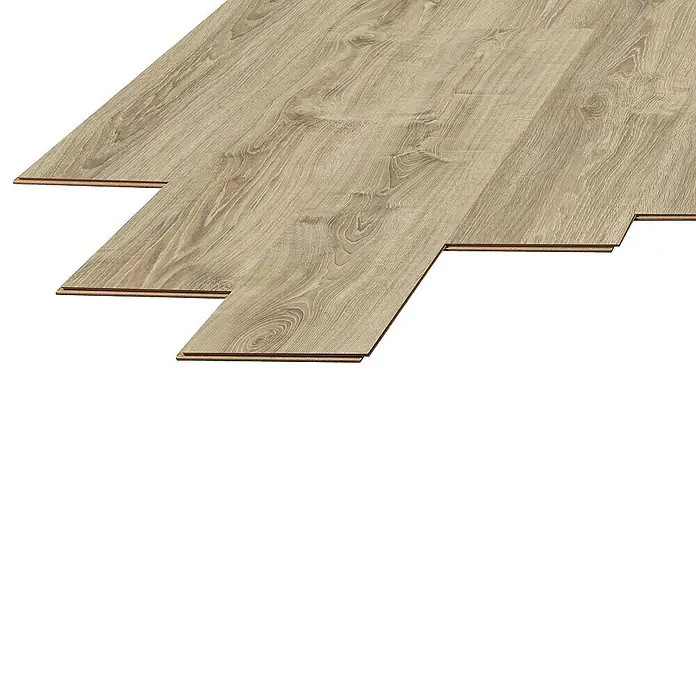 LOGOCLIC Laminado Roble Aral - 1.380 x 193 x 8 mm, Roble Aral, AC4 - Varias láminas de suelo laminado claro apiladas, mostrando la veta del material. El laminado proporciona un aspecto de madera natural y complementa cualquier habitación.