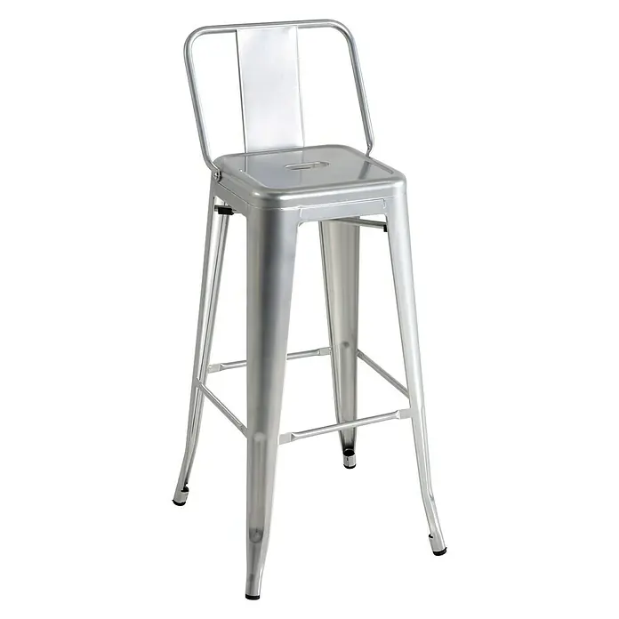 Taburete alto con respaldo - L x An x Al: 43 x 43 x 95 cm, Aluminio - Un taburete de bar de metal plateado con respaldo y reposapiés, ideal para la cocina o el bar. Diseño robusto para el uso diario.