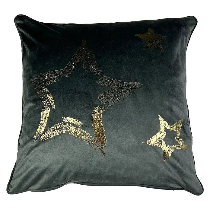 Kissen Stern - Charcoal Grey, 45 x 45 cm, 100 % Polyester - Nahaufnahme eines quadratischen Kissens mit aufgedruckten Goldsternen auf dunklem, weichem Stoff, ideal für Wohnzimmer oder Schlafzimmer.