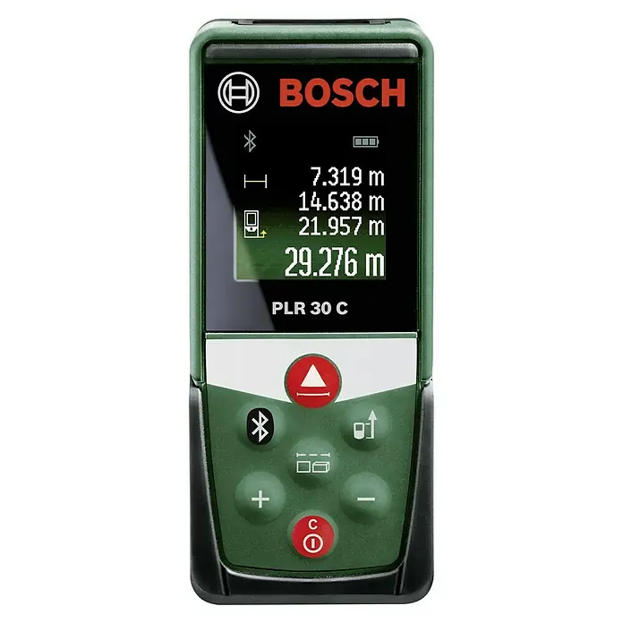Bosch Medidor de distancia láser PLR 30 C - Gama de medición: 0,05 m - 30 m - Aquí hay una imagen de un medidor de distancia láser digital Bosch PLR 30 C, que permite mediciones precisas de hasta 30 metros.