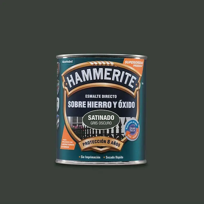 Hammerite Esmalte para metal Hierro y Óxido - Gris hormigón, 250 ml, Efecto satinado - Lata de esmalte satinado Hammerite Directo sobre Hierro y Óxido en gris oscuro, con protección de 8 años, secado rápido y sin imprimación.