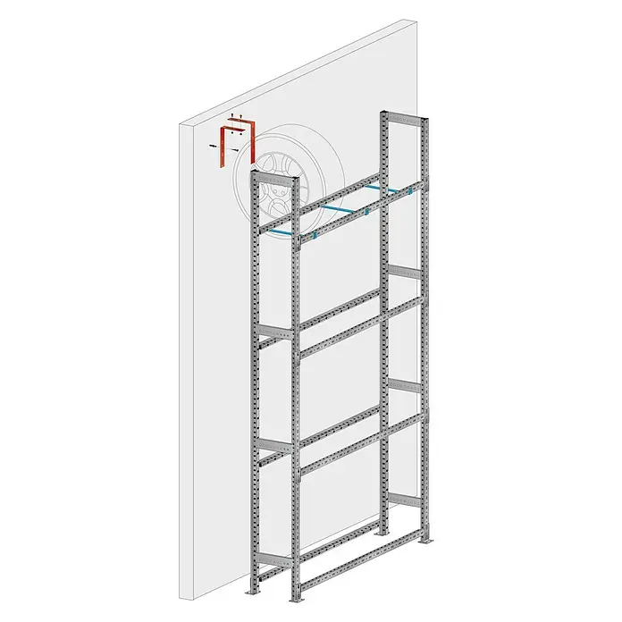 Scholz Reifenregal Anbauelement - H x B x T: 228 x 123,5 x 32 cm, Traglast pro Träger: 200 kg, Anzahl Träger: 3 Stk., Stecken, Silber - Ein Lagerregal mit Reifenhalterung, ideal für die Aufbewahrung von Autoreifen in Garagen oder Werkstätten, dargestellt in einer Schemazeichnung.