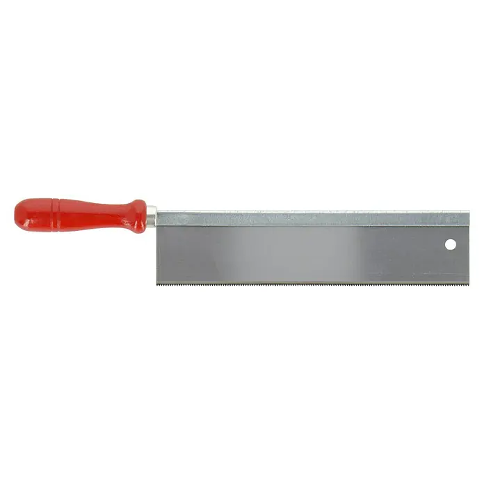 Wisent Feinsäge - Blattlänge: 250 mm, Form Griff: Gerade - Nahaufnahme einer Metallsäge mit rotem Griff. Perfekt für präzise Schnitte in Holz, Kunststoff und Metall, ideal für Heimwerker und Profis.