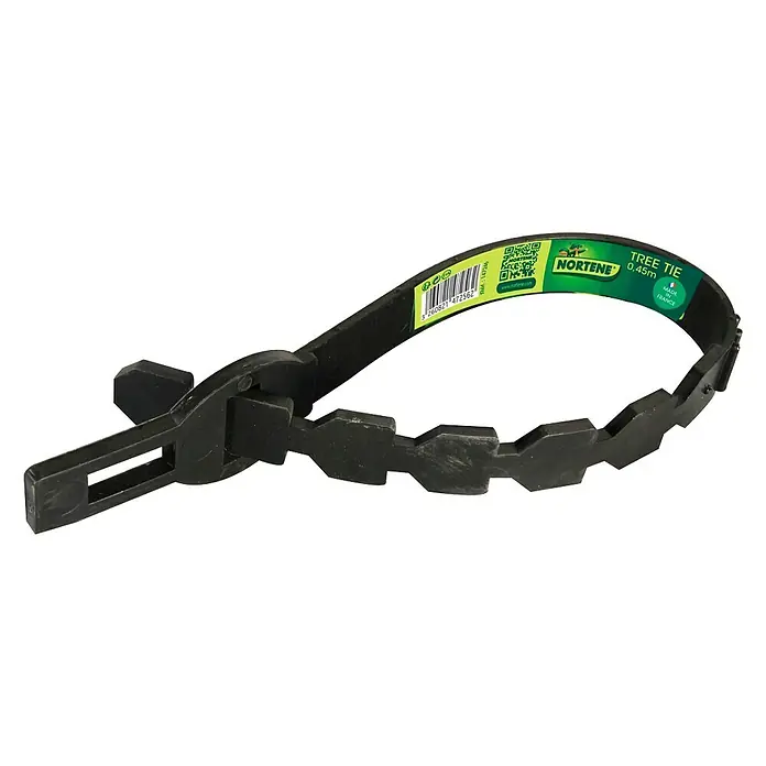 Nortene Brida de fijación para árbol Tree tie - Largo: 45 cm - Primer plano de un atador de árboles negro Nortene, de 0,45 m de longitud, utilizado para fijar árboles y plantas.