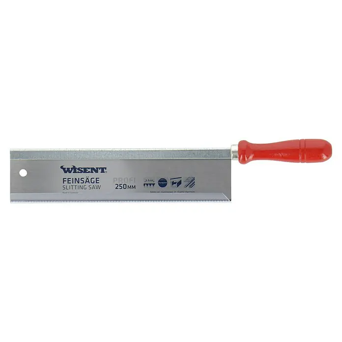 Wisent Feinsäge - Blattlänge: 250 mm, Form Griff: Gerade - Detailaufnahme einer Feinsäge mit rotem Holzgriff und silbergrauem Sägeblatt, geeignet für präzise Holzarbeiten.