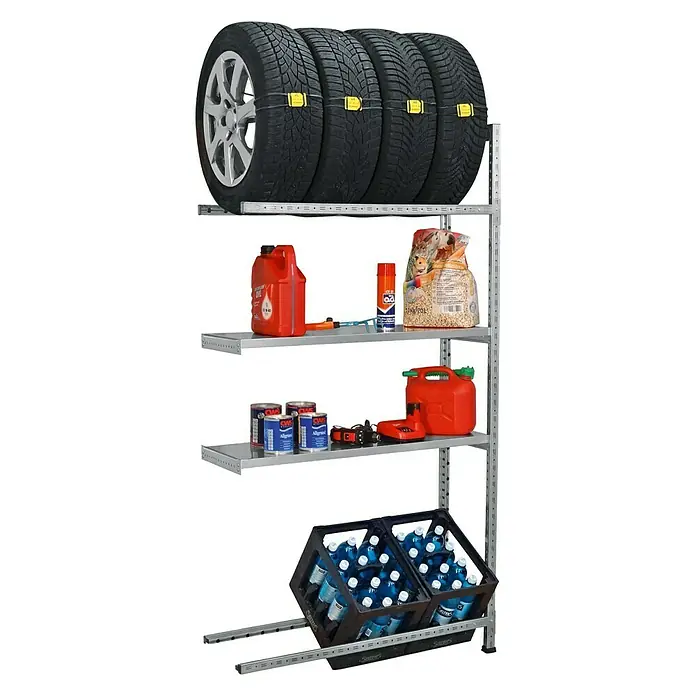 Scholz Reifenregal Anbauelement - H x B x T: 192 x 81 x 32 cm, Traglast pro Träger: 150 kg, Anzahl Böden: 2 Stk., Stecken, Silber - Regale mit Autoreifen, Ölkanistern, Getränken. Praktische Lagerlösung für Garage oder Keller mit viel Stauraum.