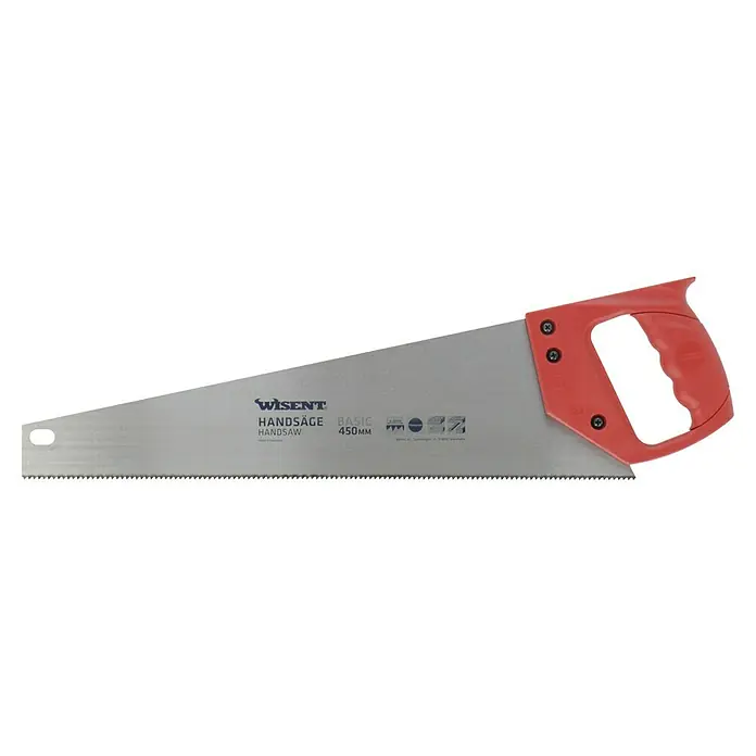 Wisent Handsäge Fuchsschwanz - Blattlänge: 450 mm, Verzahnung: 2,8 mm - Handsäge Wisent Basic mit rotem Griff. Das Werkzeug ist 450 mm lang und ideal für Holzarbeiten.