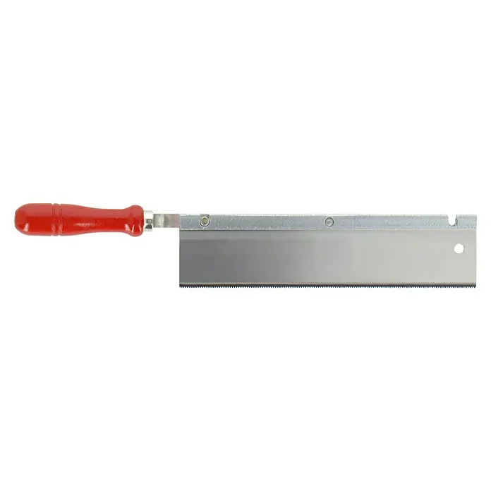 Wisent Feinsäge - Blattlänge: 250 mm, Form Griff: Umlegbar - Nahaufnahme einer Quersäge mit rotem Holzgriff und Metallsägeblatt. Präzisionswerkzeug für feine Holzarbeiten und präzise Schnitte.