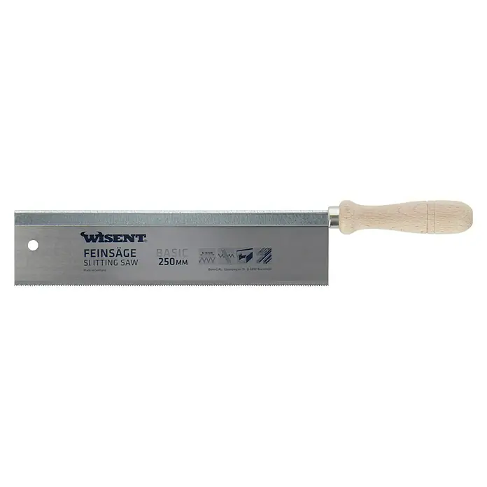 Wisent Feinsäge Rapid - Blattlänge: 250 mm, Form Griff: Gerade - Detailaufnahme einer Feinsäge der Marke Wisent Basic mit Holzgriff und einer Klingenlänge von 250mm.